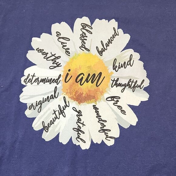 🔸️Blue w/White Daisy "I am..." Scoop Neck Short Sleeve Top Large - Picture 6 of 9
